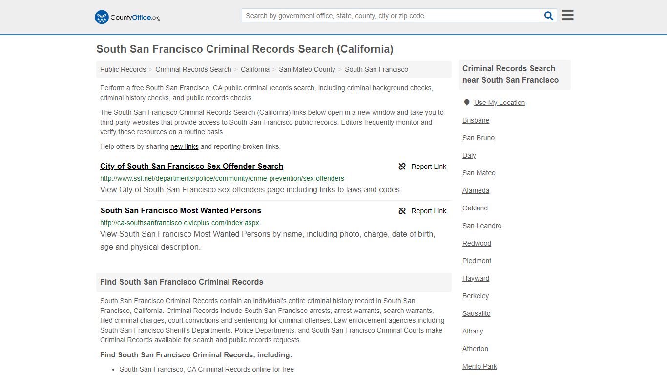 South San Francisco Criminal Records Search (California)